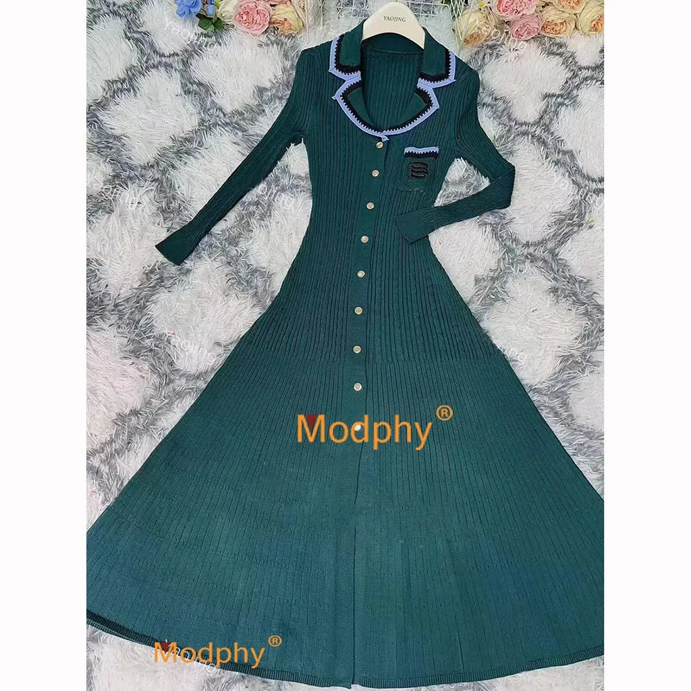 Modphy Elegant Slim Knitted Long Dress Women's Single breasted Long sleeved Designer Slim Vintage Dresses Autumn