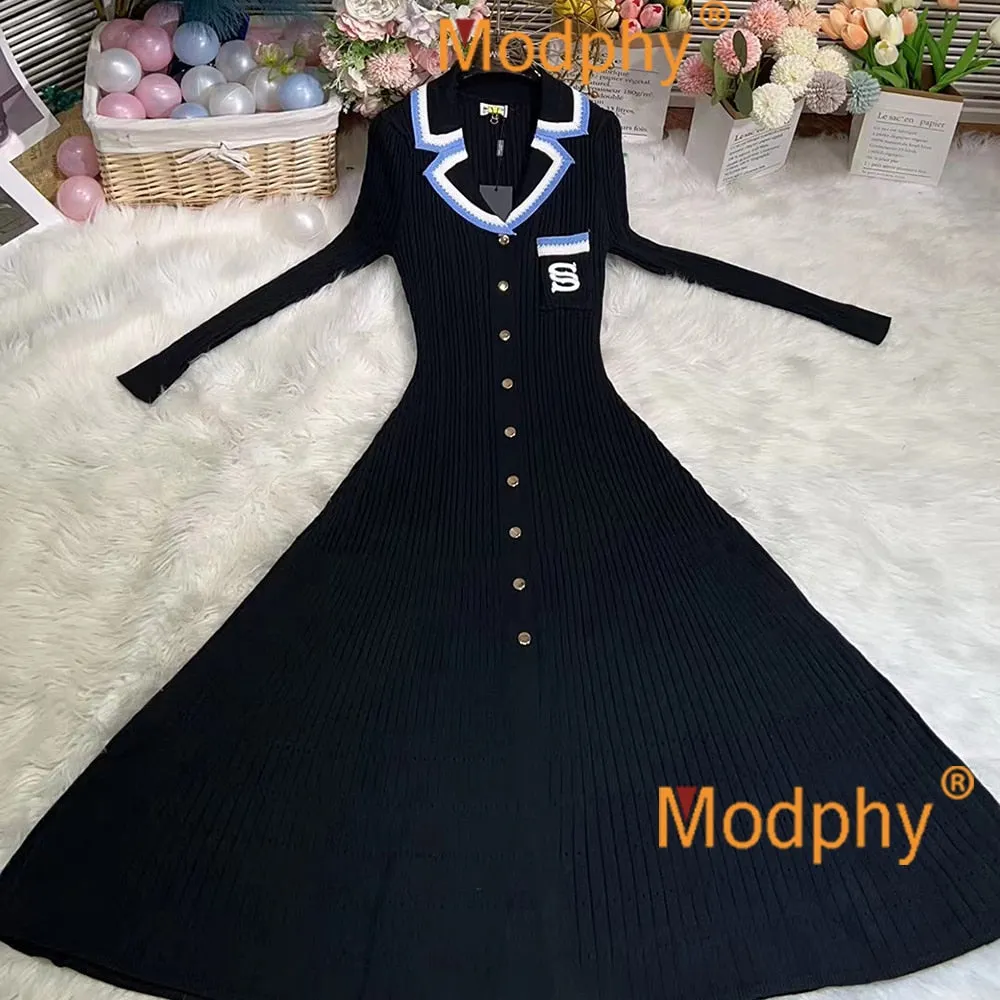 Modphy Elegant Slim Knitted Long Dress Women's Single breasted Long sleeved Designer Slim Vintage Dresses Autumn