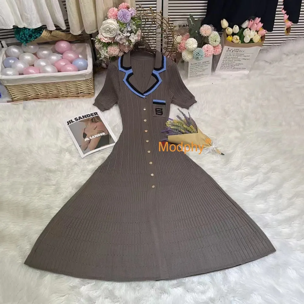 Modphy Elegant Slim Knitted Long Dress Women's Single breasted Long sleeved Designer Slim Vintage Dresses Autumn