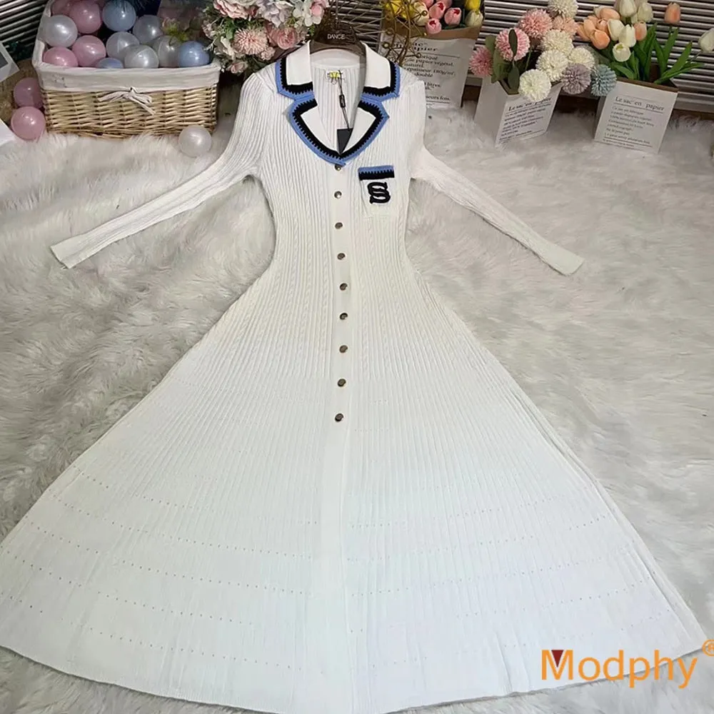Modphy Elegant Slim Knitted Long Dress Women's Single breasted Long sleeved Designer Slim Vintage Dresses Autumn