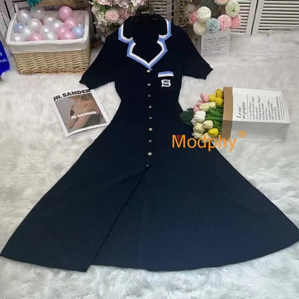 Modphy Elegant Slim Knitted Long Dress Women's Single breasted Long sleeved Designer Slim Vintage Dresses Autumn