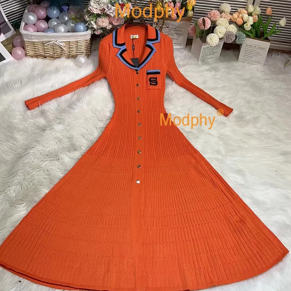 Modphy Elegant Slim Knitted Long Dress Women's Single breasted Long sleeved Designer Slim Vintage Dresses Autumn