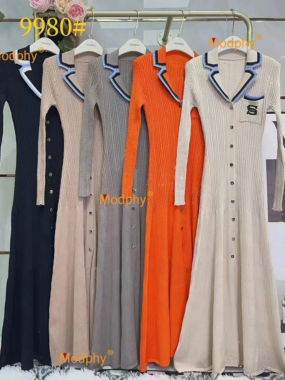 Modphy Elegant Slim Knitted Long Dress Women's Single breasted Long sleeved Designer Slim Vintage Dresses Autumn