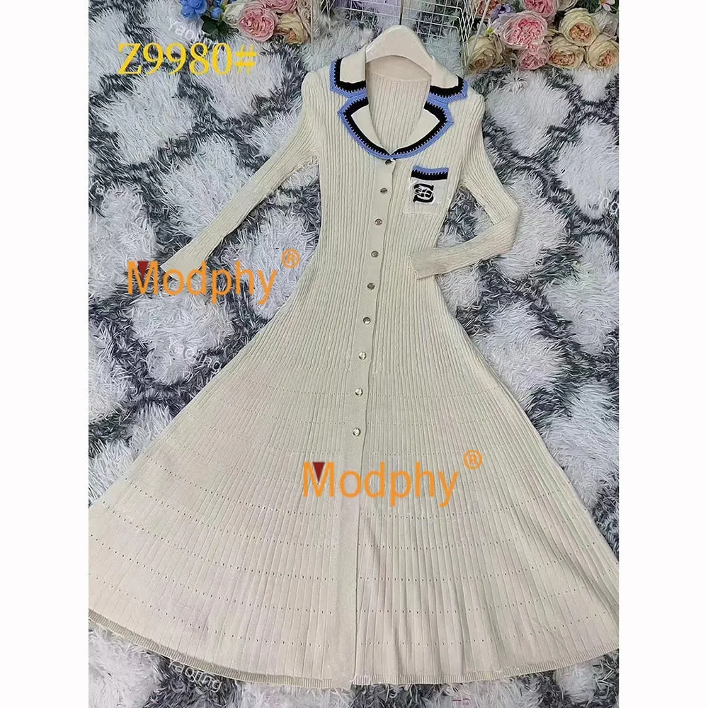 Modphy Elegant Slim Knitted Long Dress Women's Single breasted Long sleeved Designer Slim Vintage Dresses Autumn