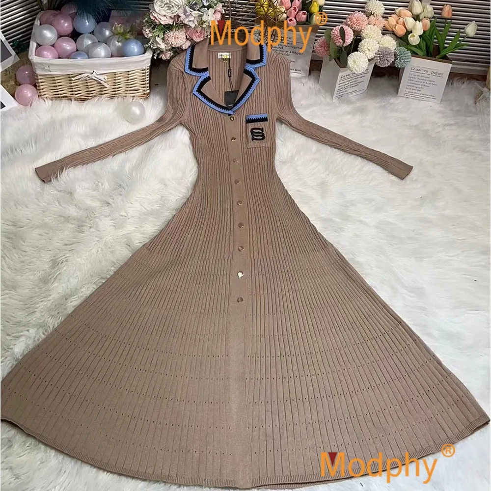 Modphy Elegant Slim Knitted Long Dress Women's Single breasted Long sleeved Designer Slim Vintage Dresses Autumn