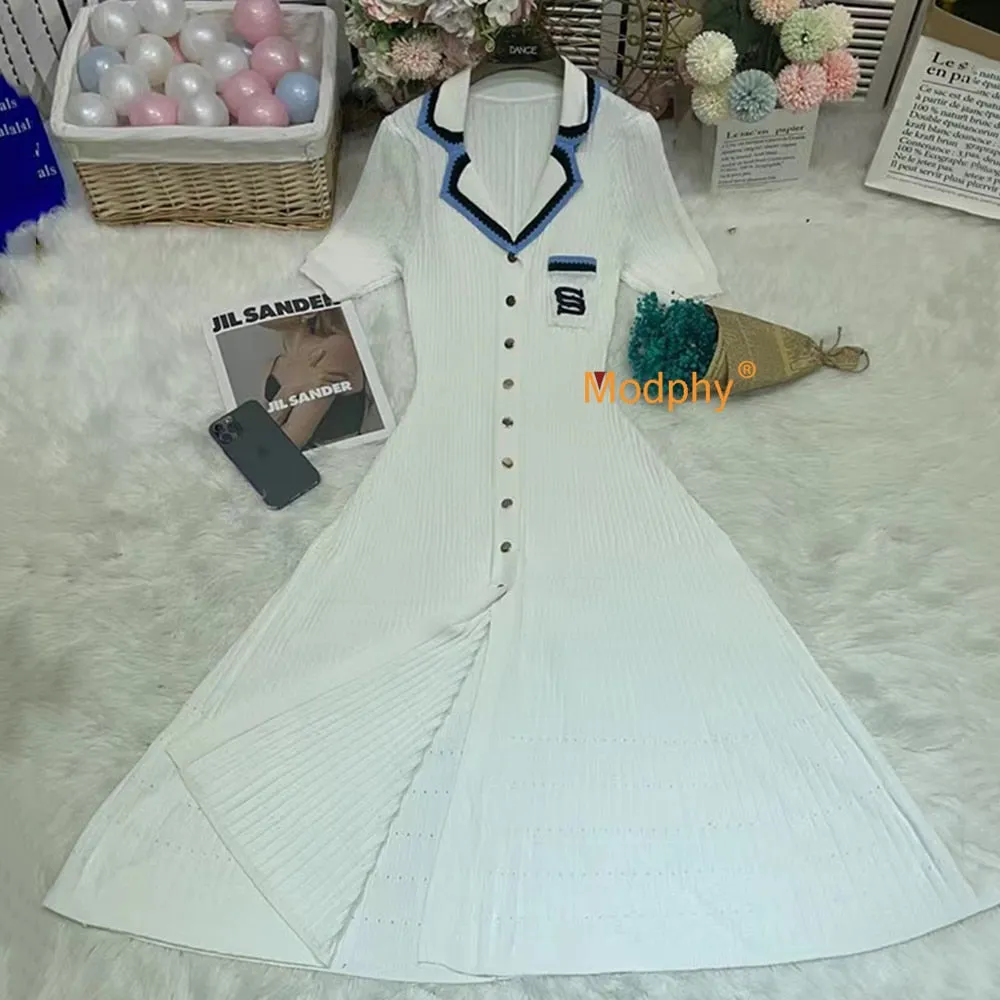 Modphy Elegant Slim Knitted Long Dress Women's Single breasted Long sleeved Designer Slim Vintage Dresses Autumn