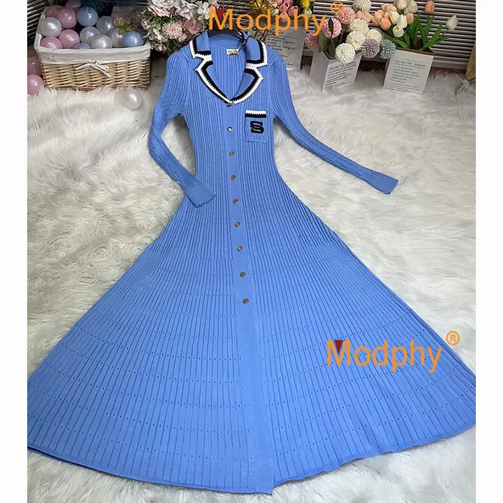 Modphy Elegant Slim Knitted Long Dress Women's Single breasted Long sleeved Designer Slim Vintage Dresses Autumn