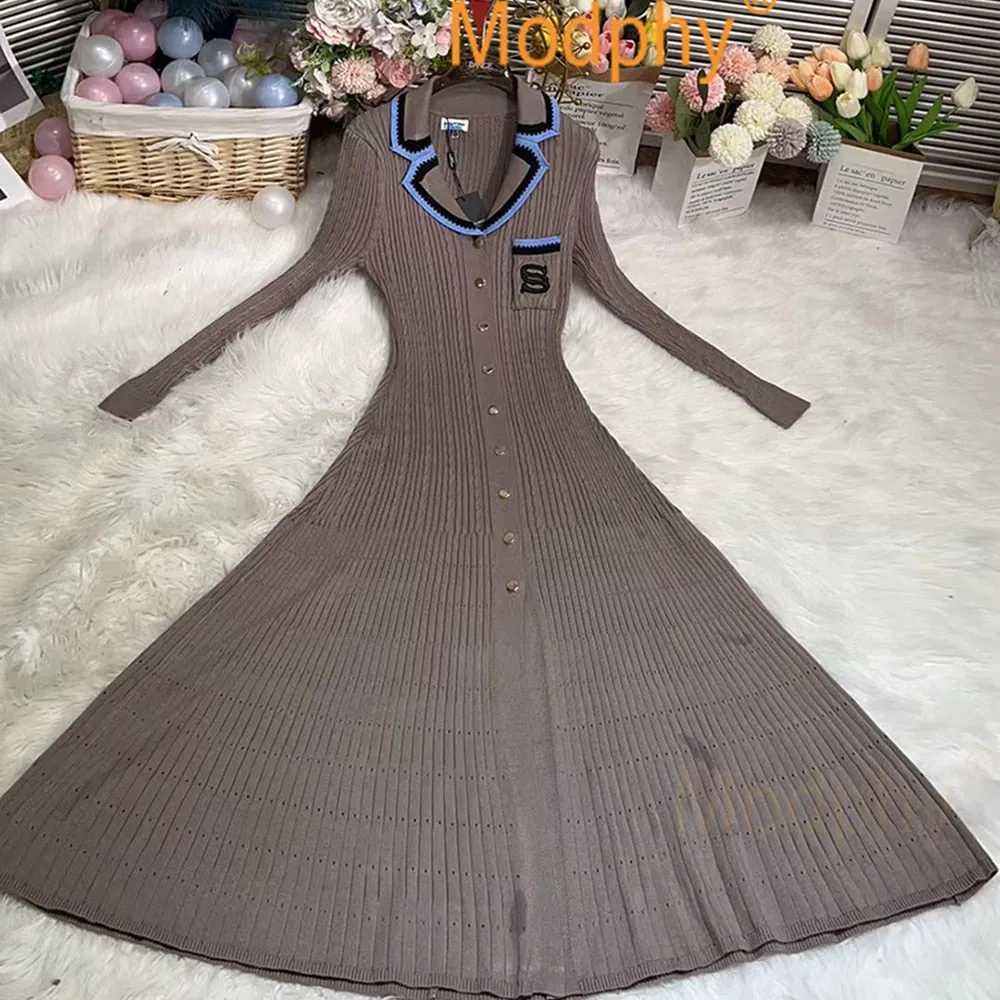 Modphy Elegant Slim Knitted Long Dress Women's Single breasted Long sleeved Designer Slim Vintage Dresses Autumn
