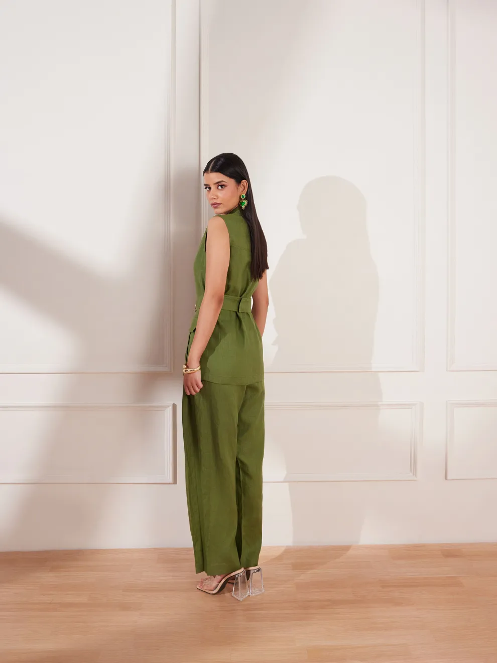 Moss Green Hemp Sleeveless Jacket & Trousers