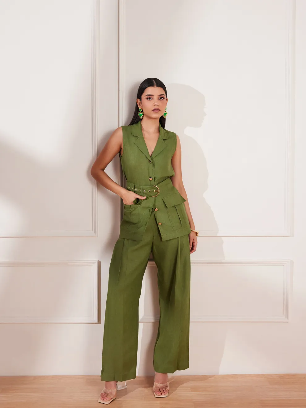 Moss Green Hemp Sleeveless Jacket & Trousers