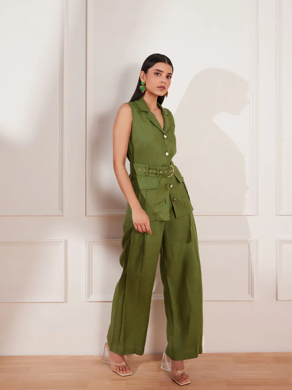 Moss Green Hemp Sleeveless Jacket & Trousers