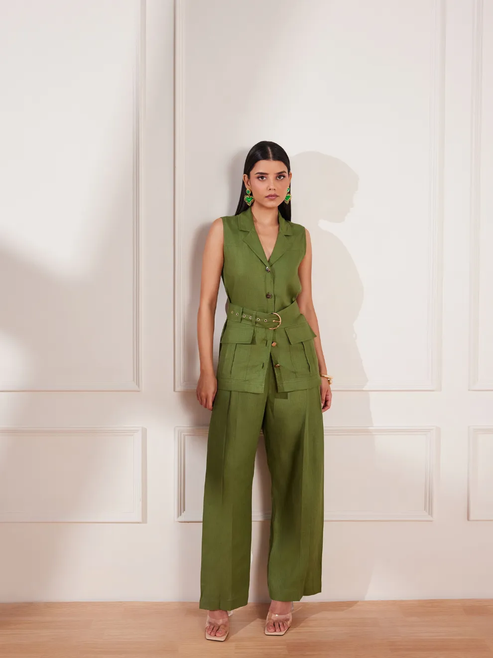 Moss Green Hemp Sleeveless Jacket & Trousers
