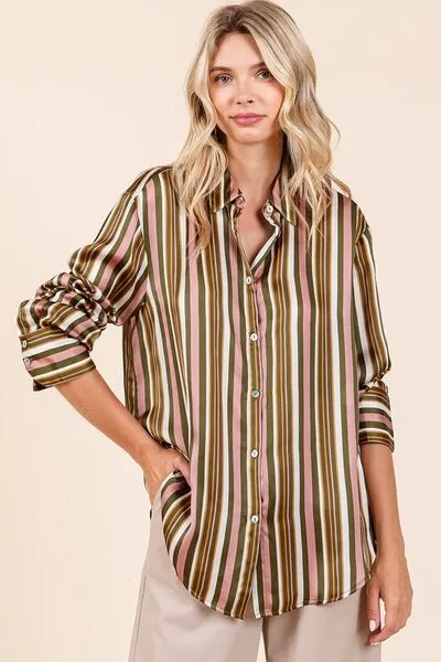 Multicolor Striped Button Down Satin Shirt