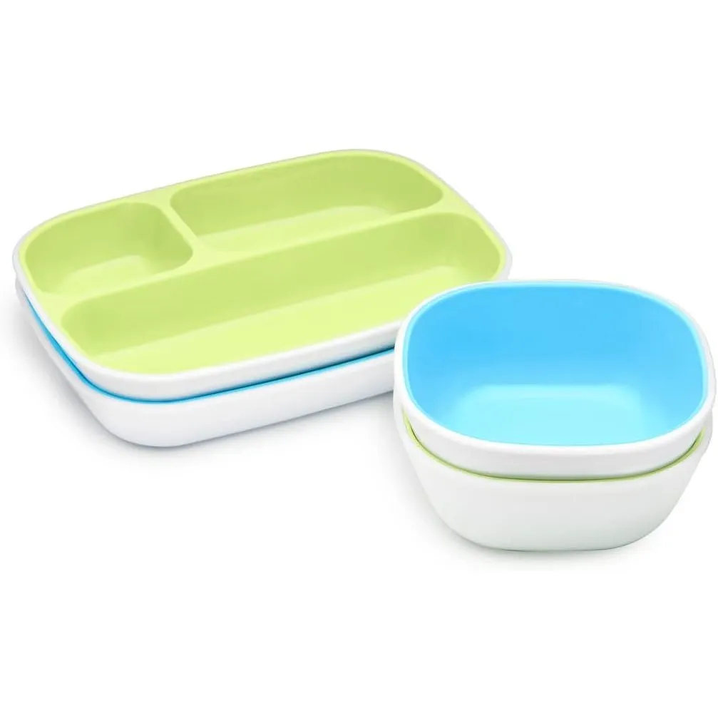 Munchkin Splash Dining Set, Bowl and divider plate set, colorful, very safe for the little one, deeps bowls, BPA Free, Infant/Baby/Toddler/Kids, Pack of 4, Color blue/green