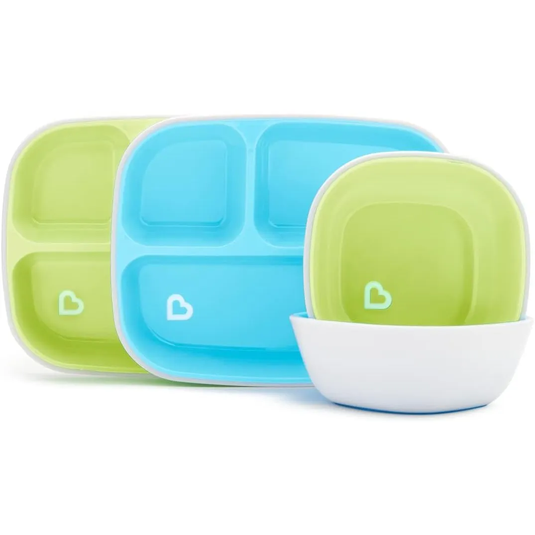 Munchkin Splash Dining Set, Bowl and divider plate set, colorful, very safe for the little one, deeps bowls, BPA Free, Infant/Baby/Toddler/Kids, Pack of 4, Color blue/green