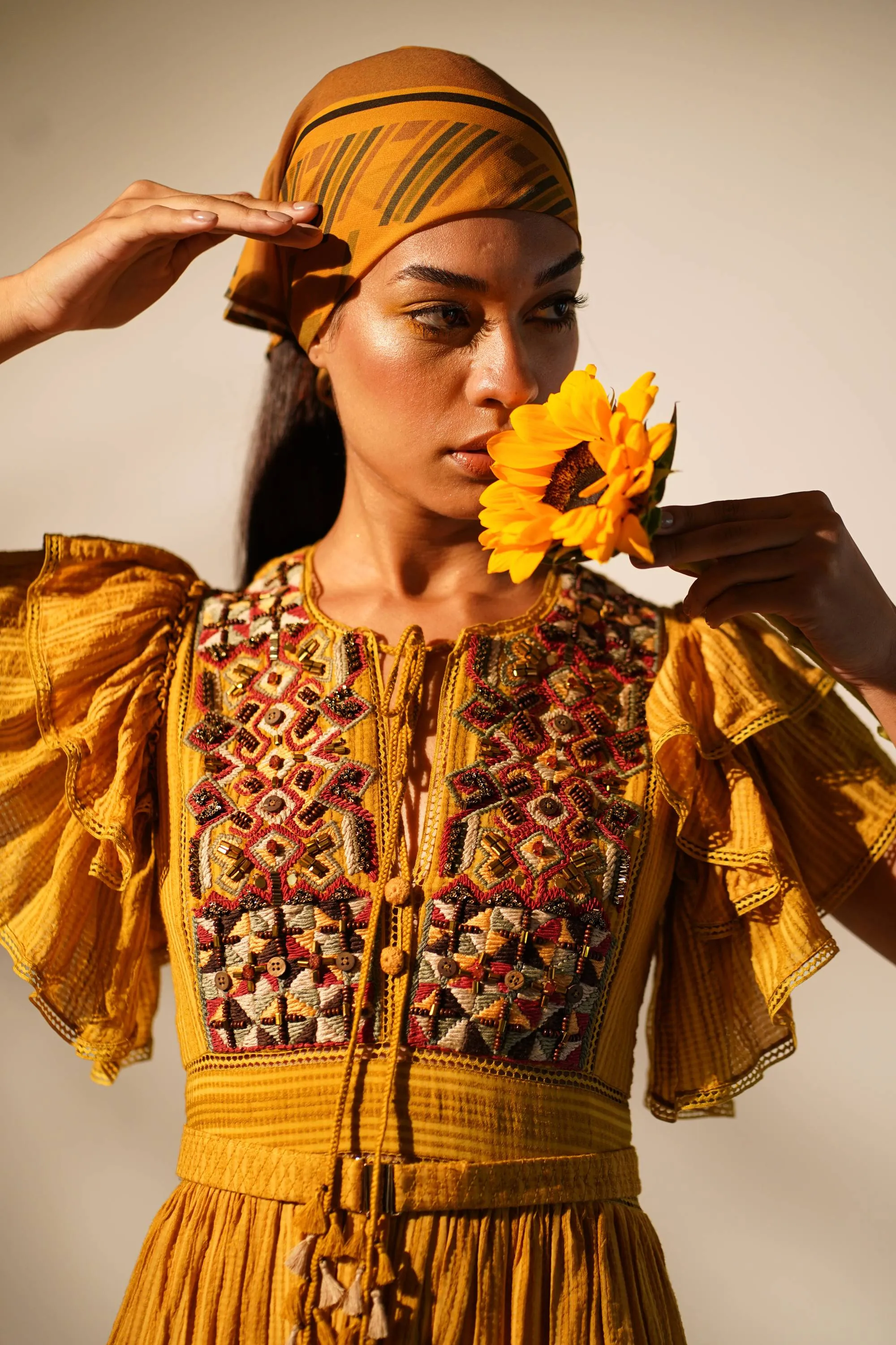 Mustard embellished maxi dress with belt