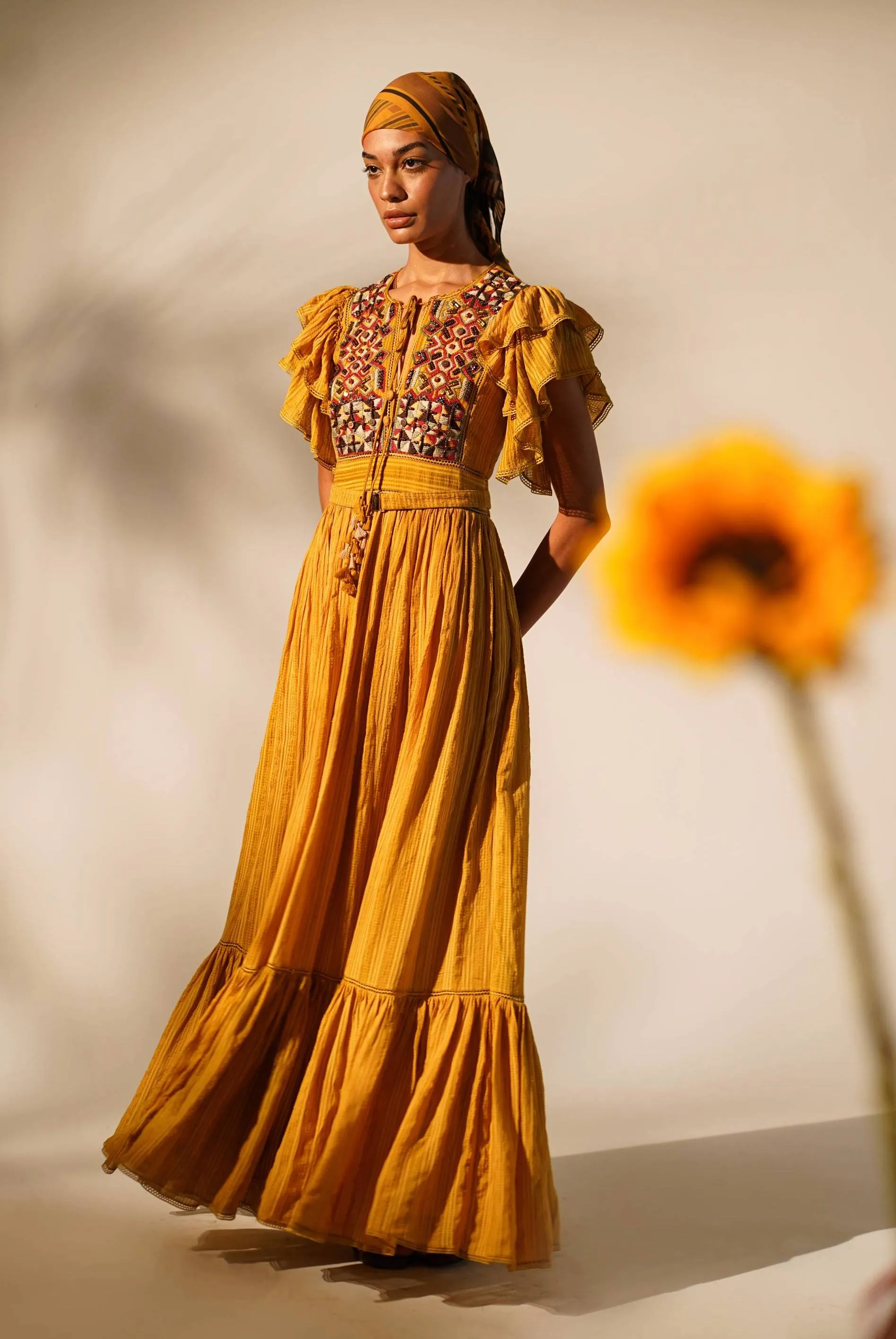 Mustard embellished maxi dress with belt