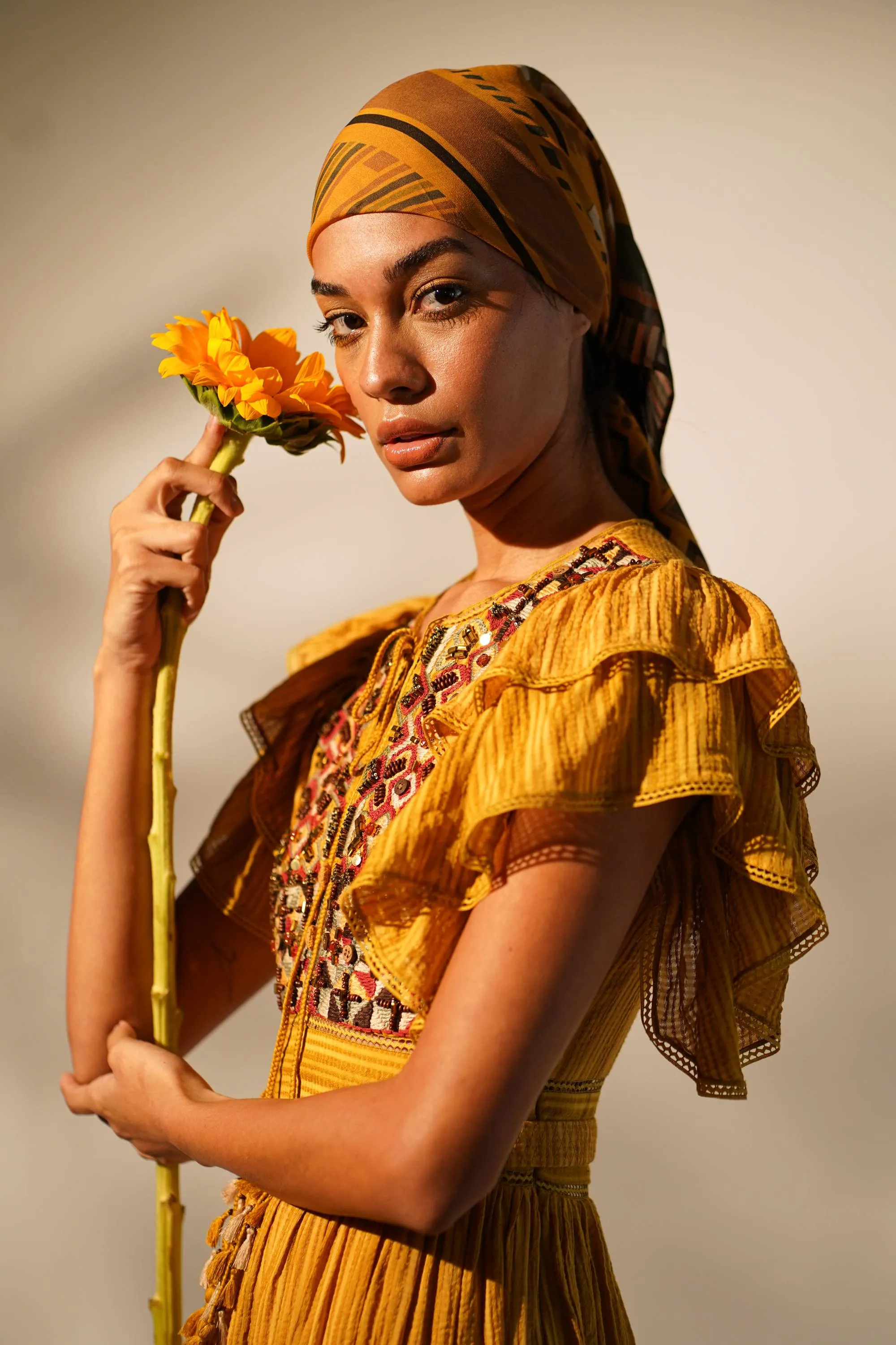 Mustard embellished maxi dress with belt