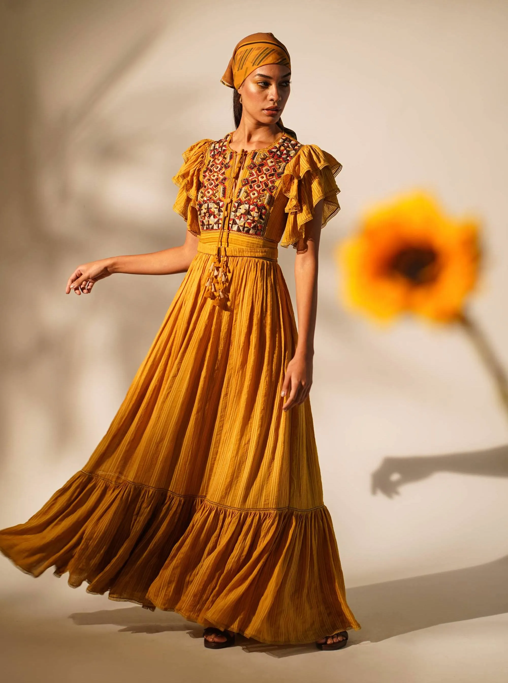 Mustard embellished maxi dress with belt