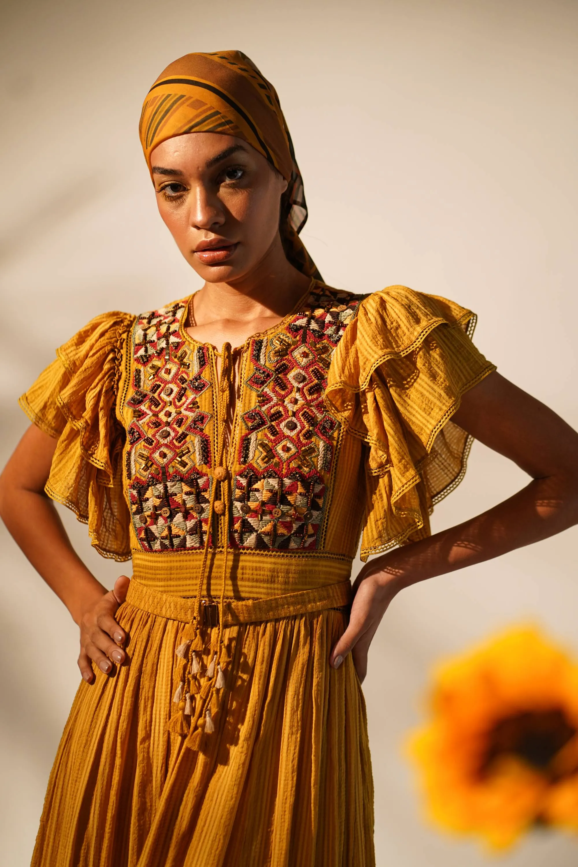 Mustard embellished maxi dress with belt