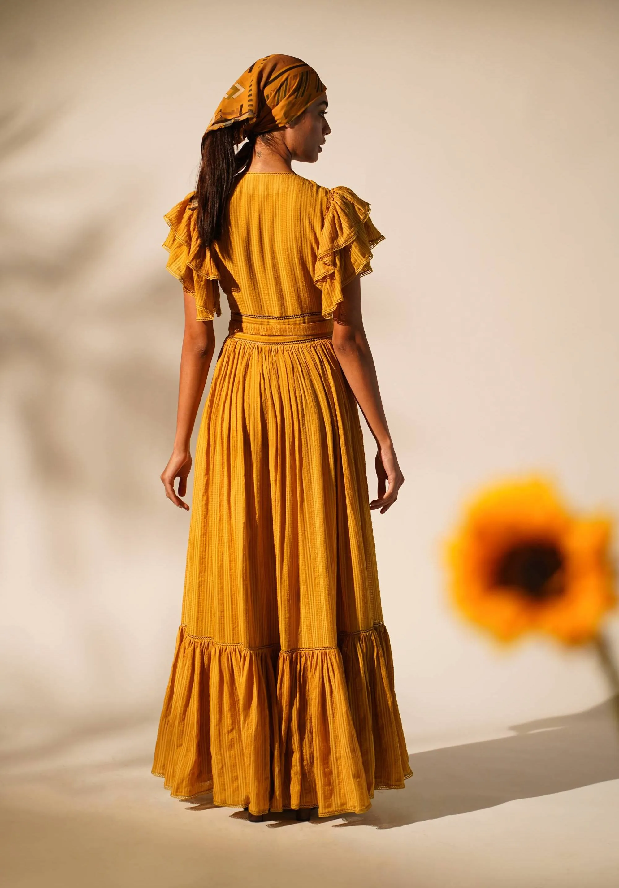 Mustard embellished maxi dress with belt