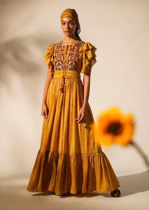 Mustard embellished maxi dress with belt