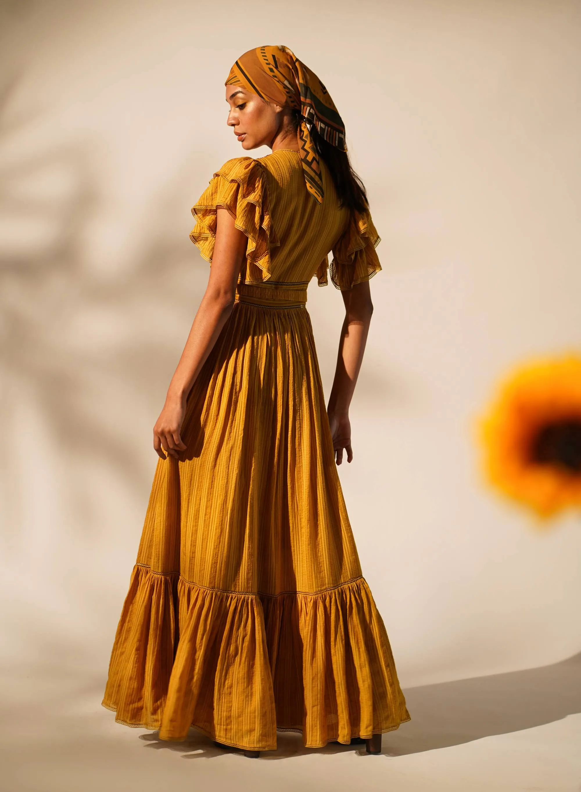 Mustard embellished maxi dress with belt