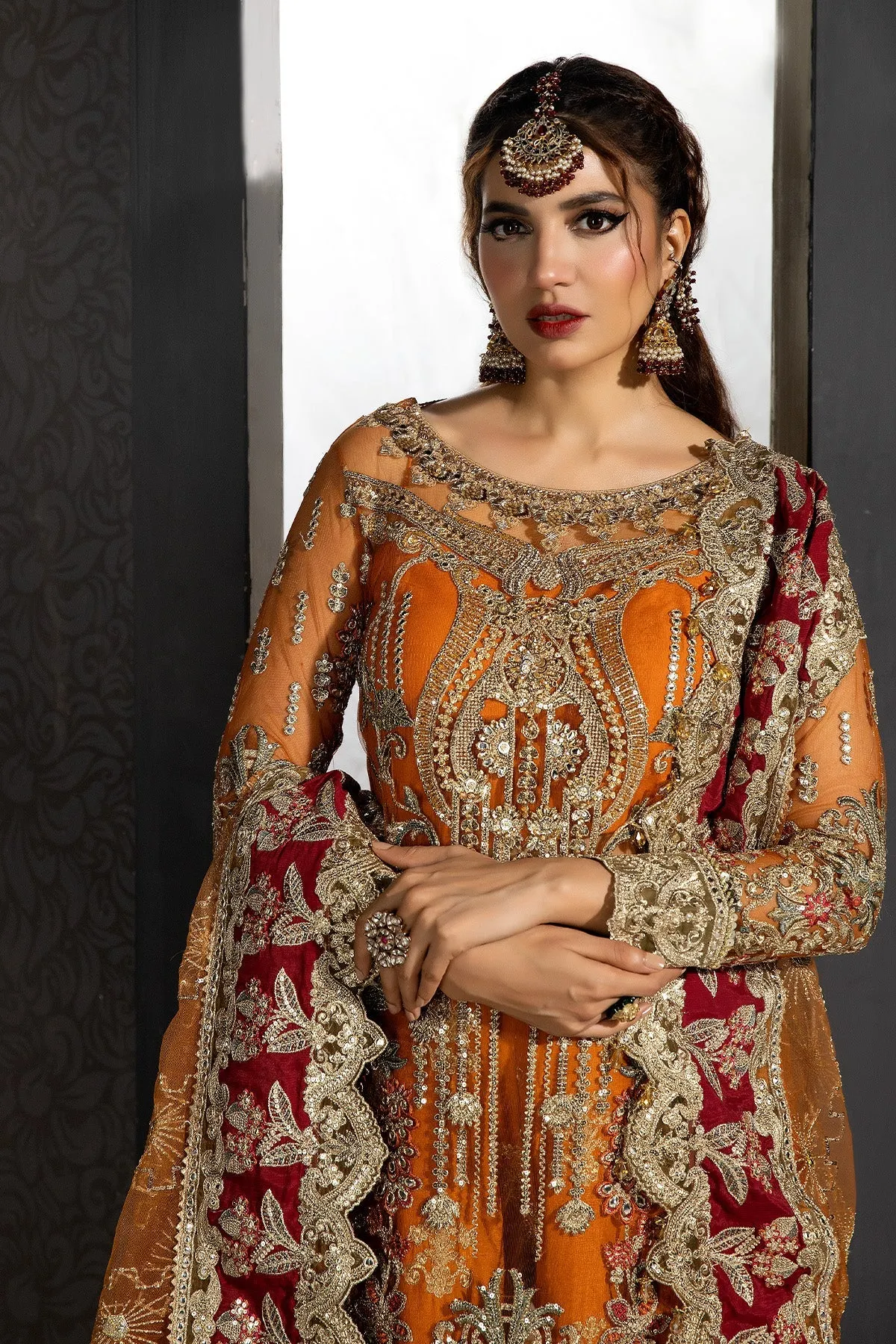 Mustard Embroidered Pakistani Wedding Dress in kameez Sharara Style