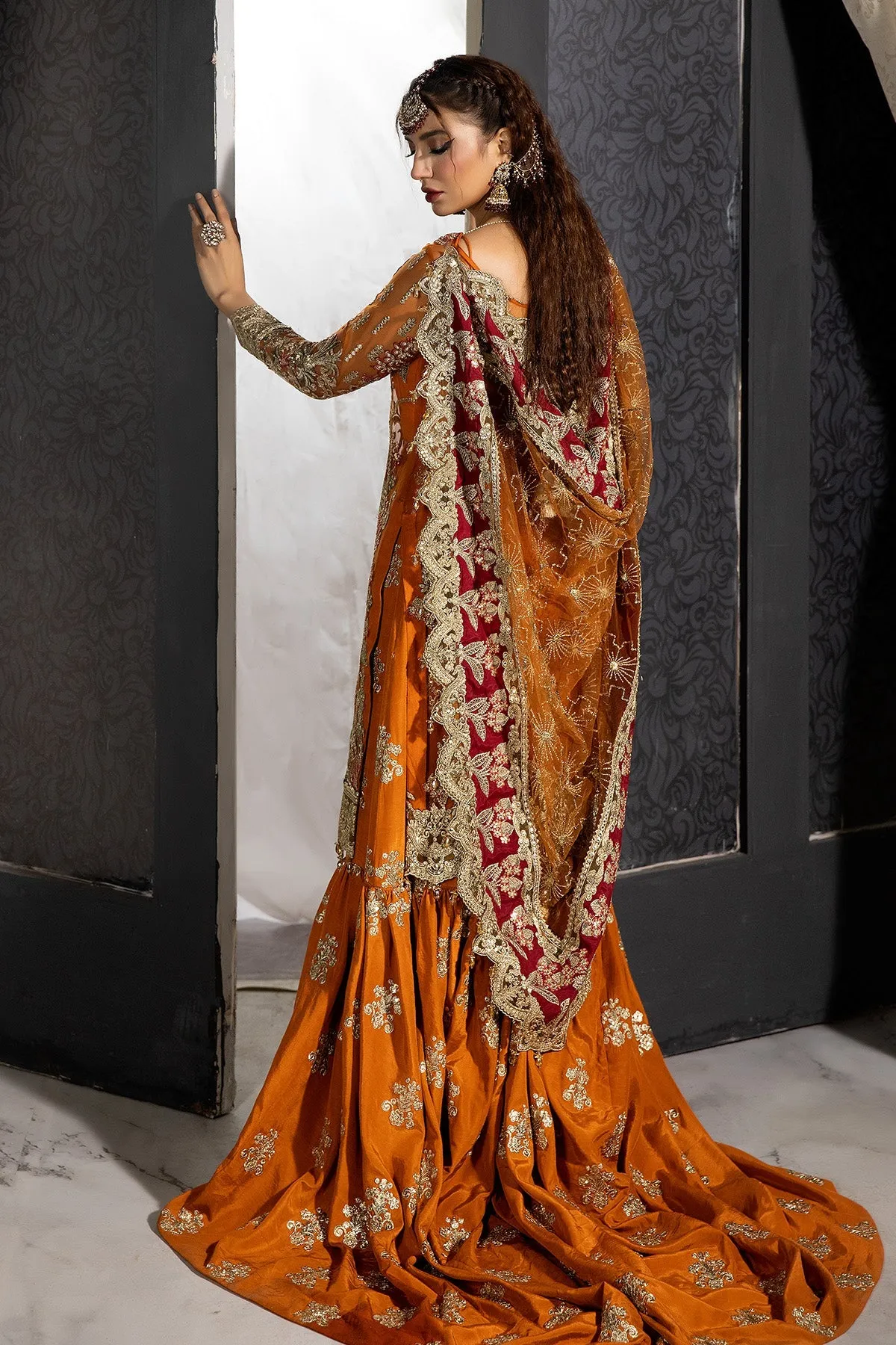 Mustard Embroidered Pakistani Wedding Dress in kameez Sharara Style