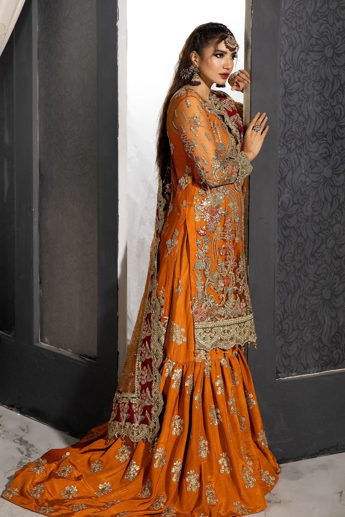 Mustard Embroidered Pakistani Wedding Dress in kameez Sharara Style