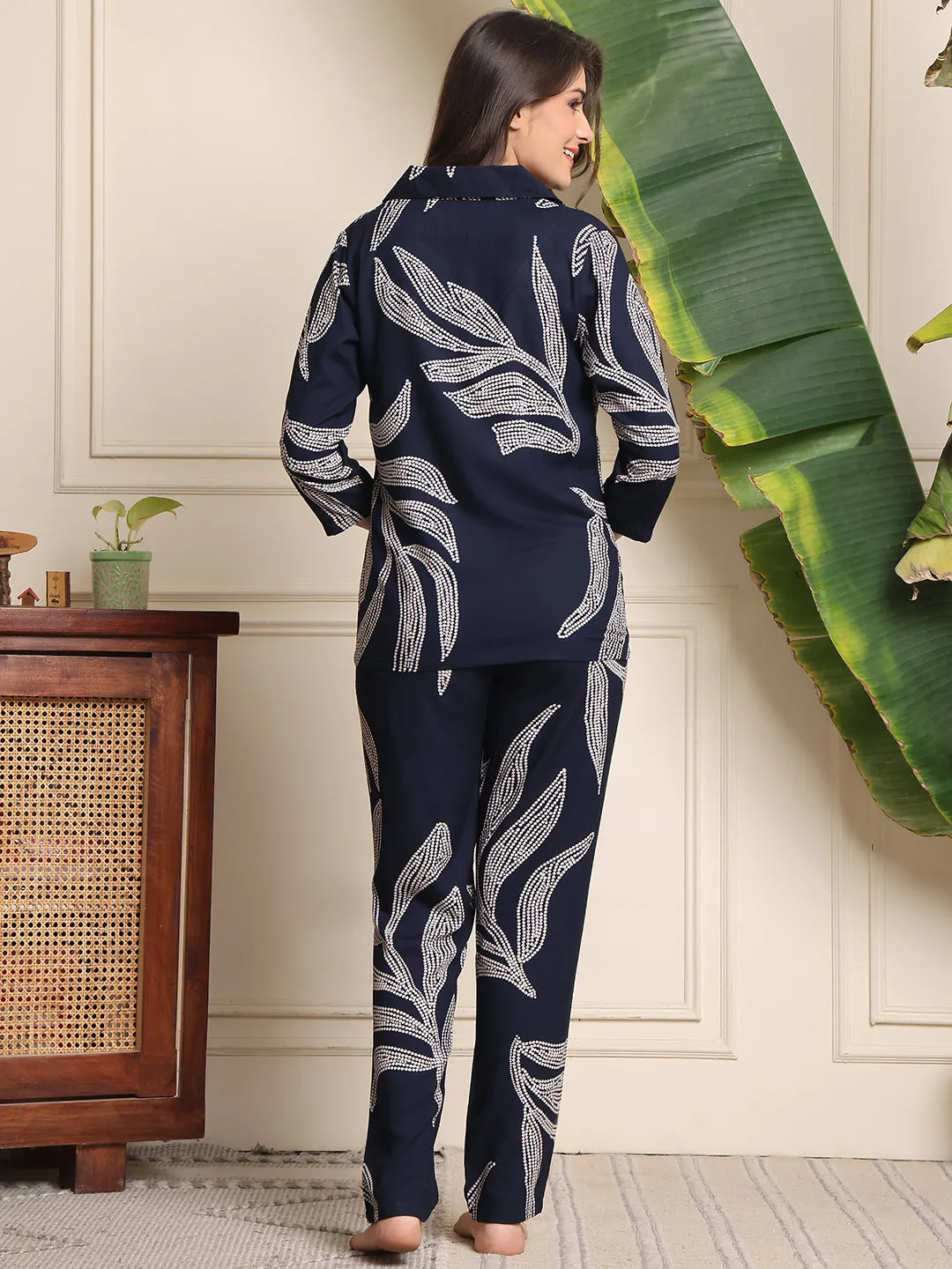 Navy Blue Floral Printed Viscose Rayon Night Suit for Women | S-XXL | Claura