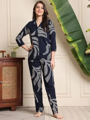 Navy Blue Floral Printed Viscose Rayon Night Suit for Women | S-XXL | Claura