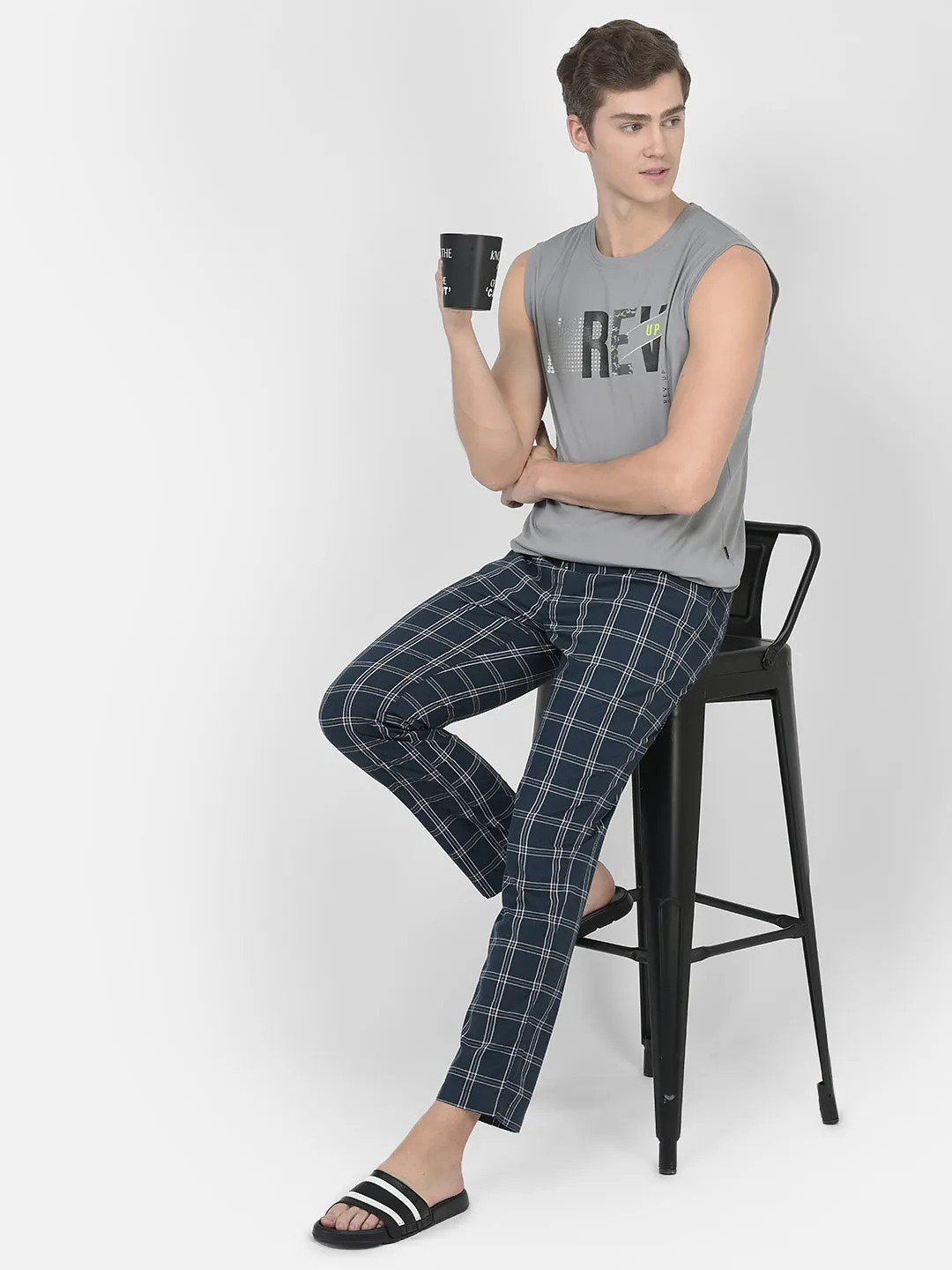 Navy Blue Windowpane Checked Lounge Pants