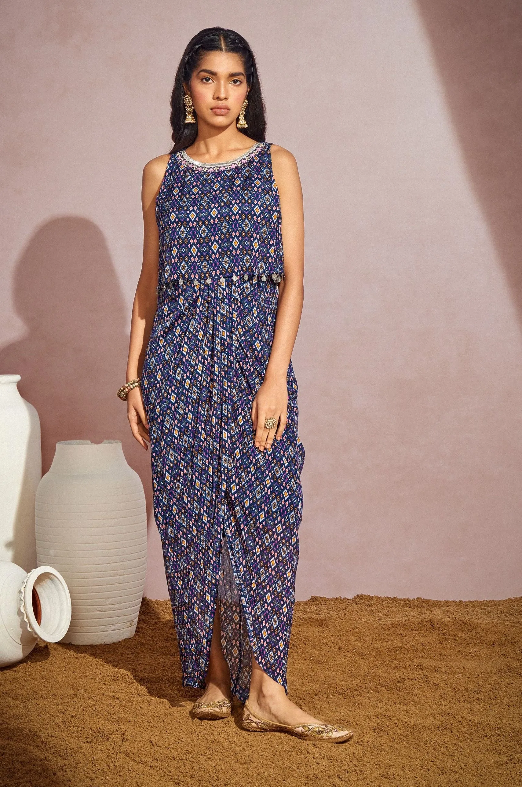 Navy Ikkat Halter Dress