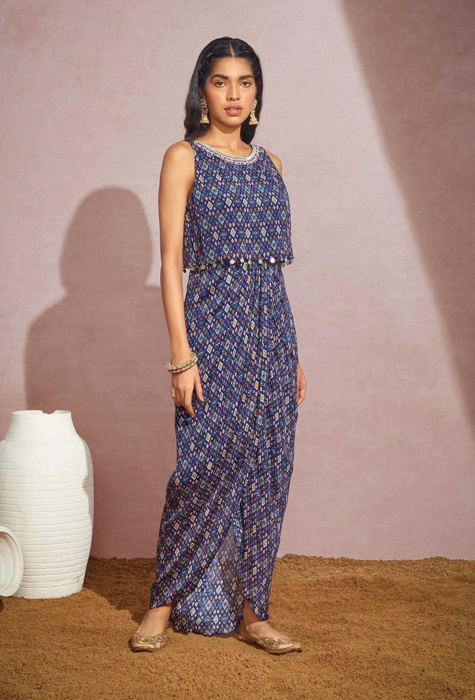 Navy Ikkat Halter Dress
