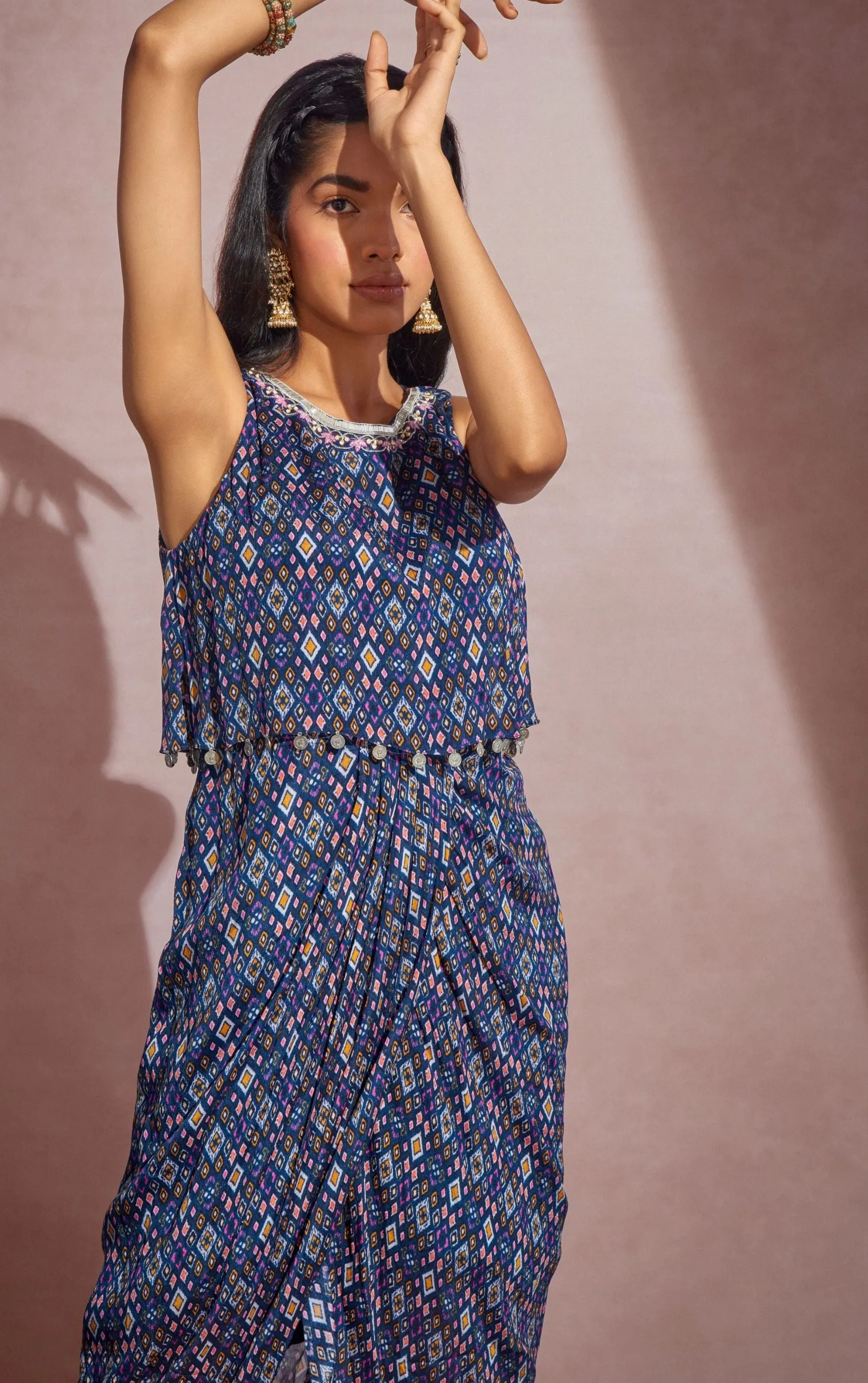 Navy Ikkat Halter Dress