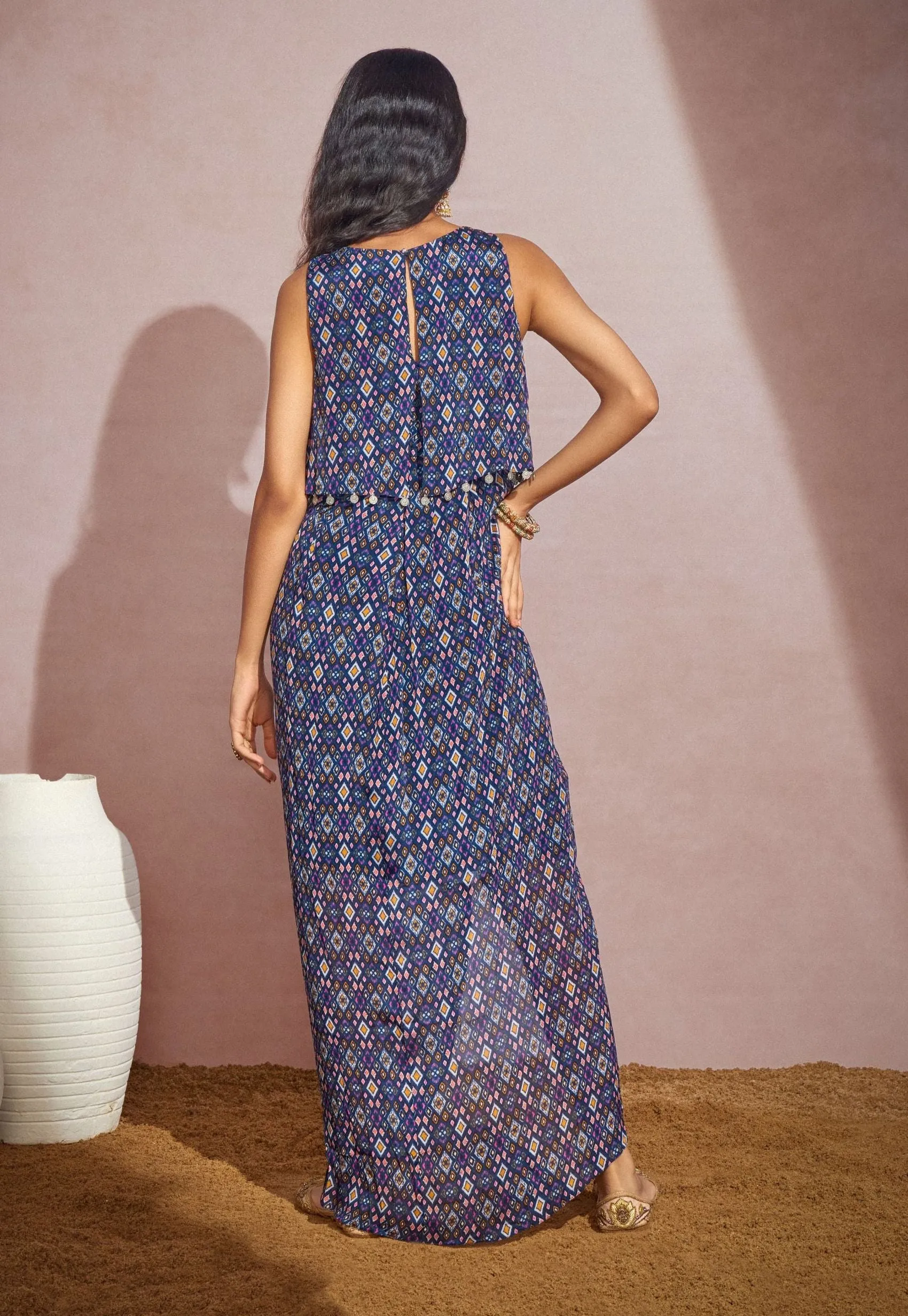 Navy Ikkat Halter Dress