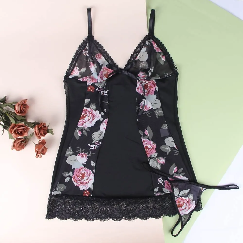 New Floral Print Lace-up Babydoll Without Underwire