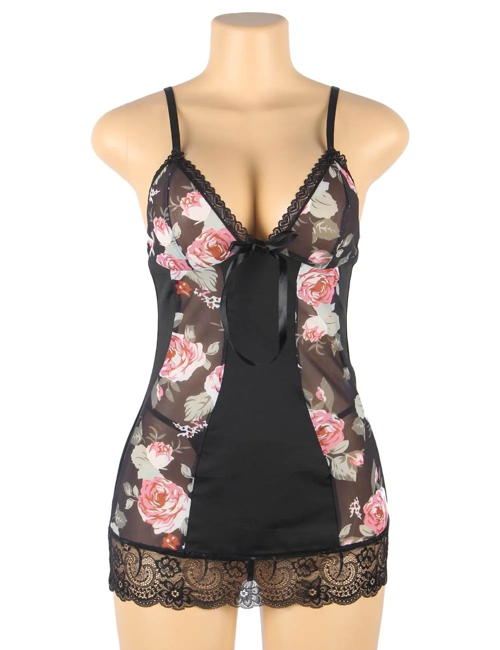 New Floral Print Lace-up Babydoll Without Underwire