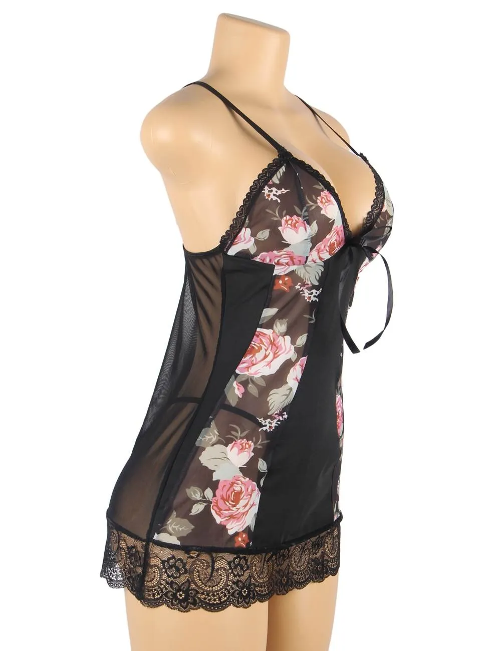 New Floral Print Lace-up Babydoll Without Underwire