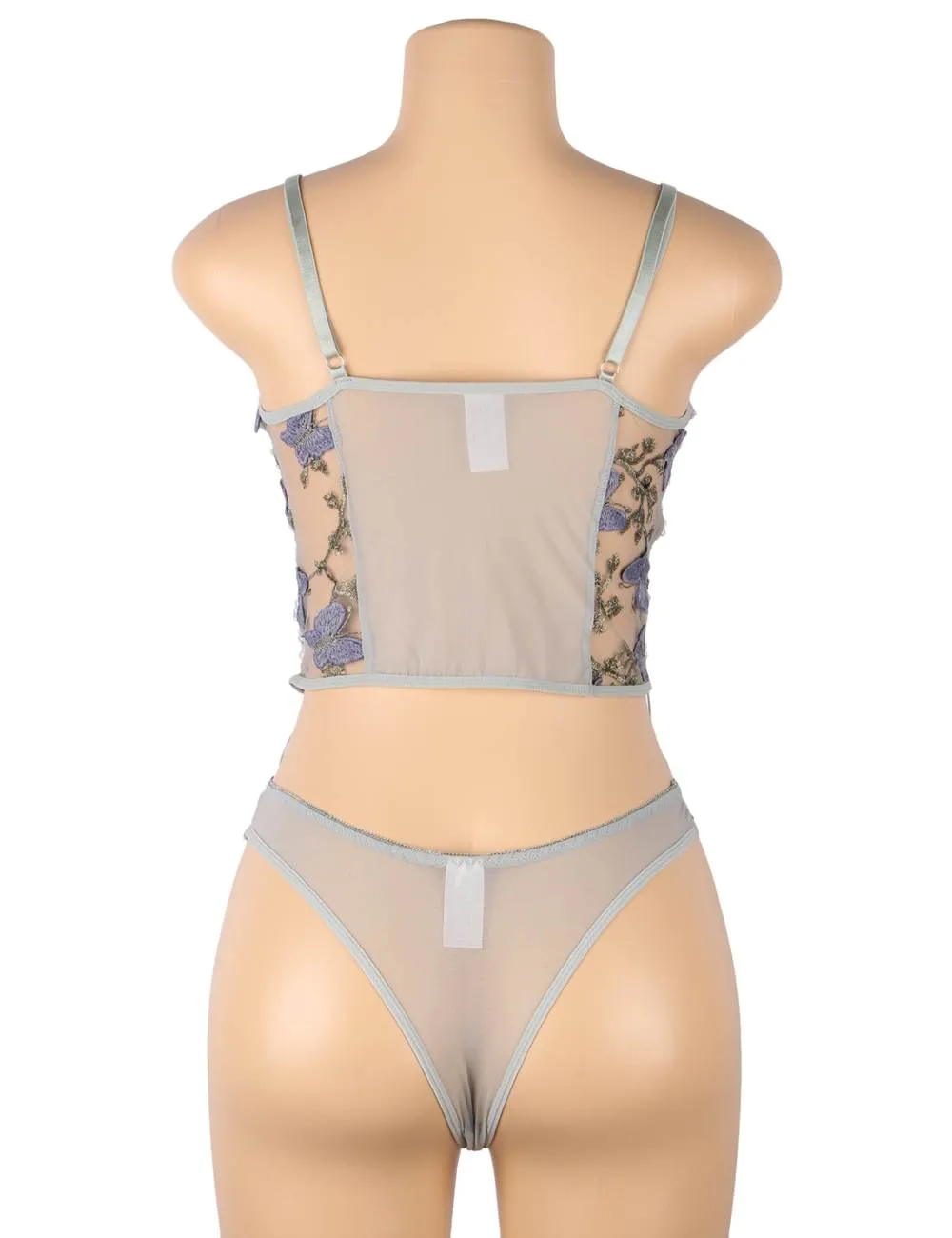 New Pink & Gray & Red Butterfly Pattern Embroidery Mesh Lingerie Set With Underwire