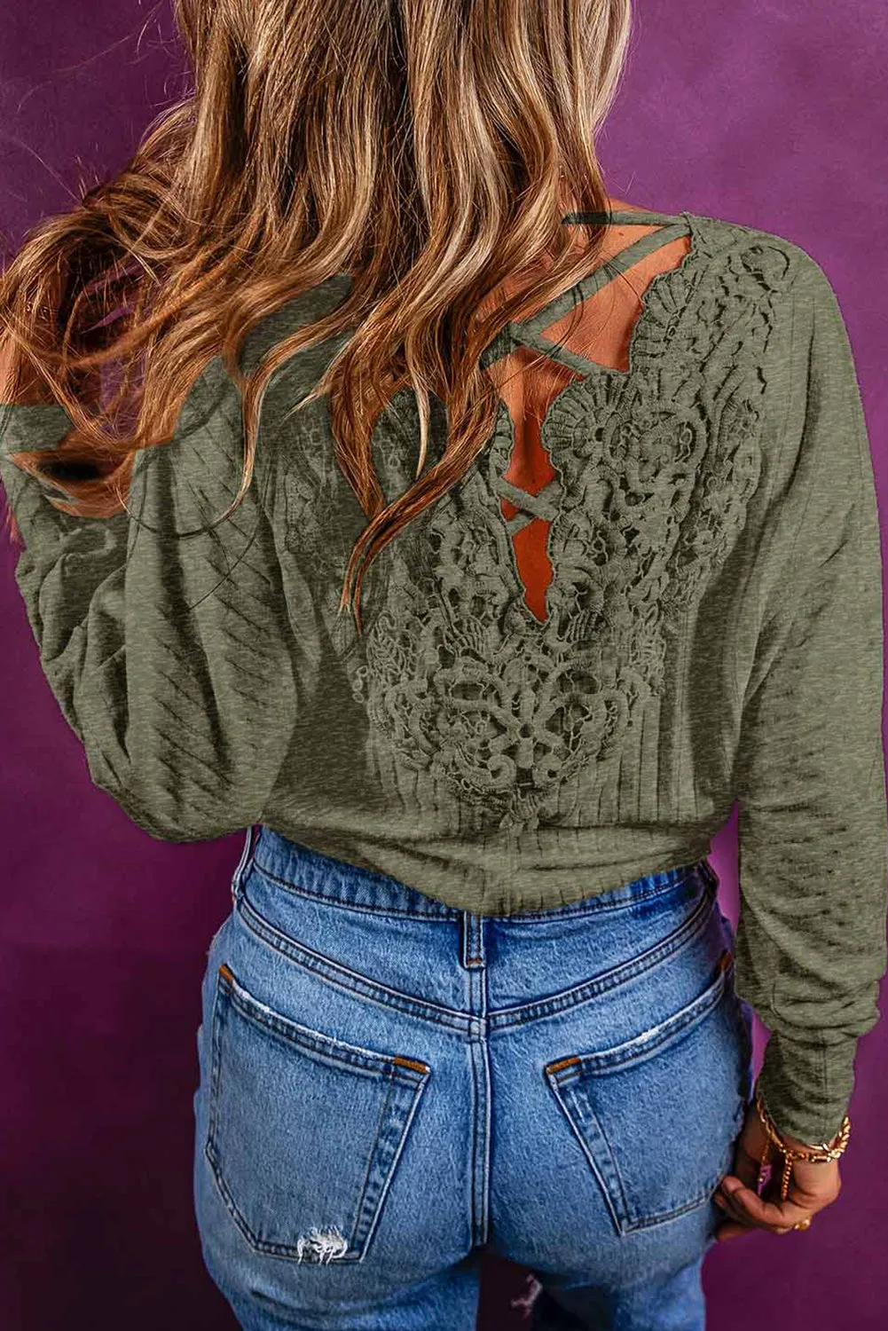 Oatmeal Lace-up Crochet Open Back Ribbed Top