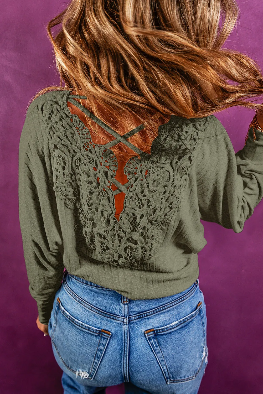 Oatmeal Lace-up Crochet Open Back Ribbed Top