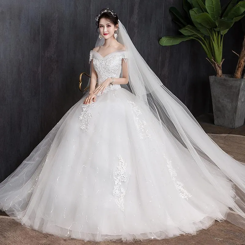 Off The Shoulder Wedding Dress light Appliques Pearls Lace Fashion