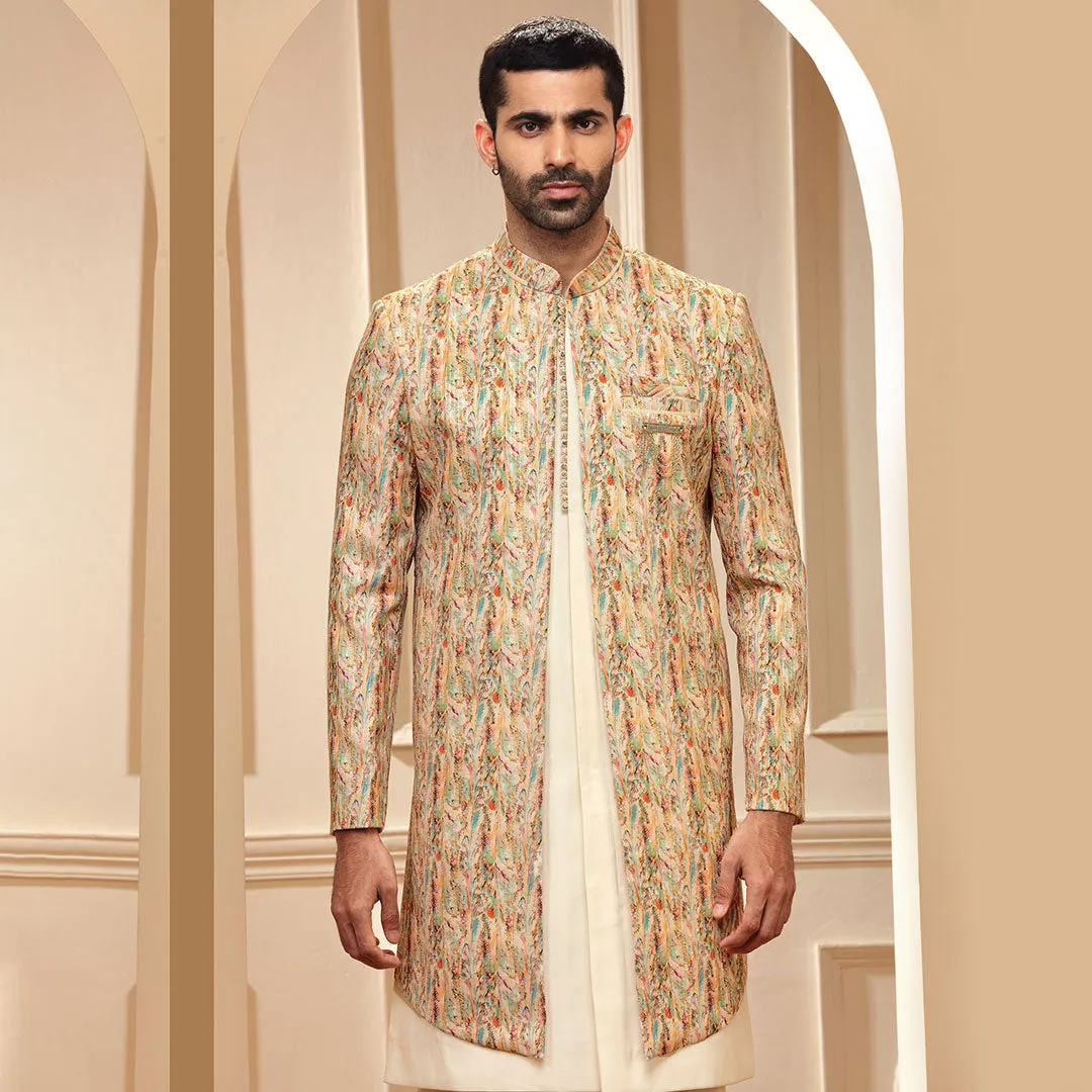 Off White Silk Indo Western With MultiColor Jacket