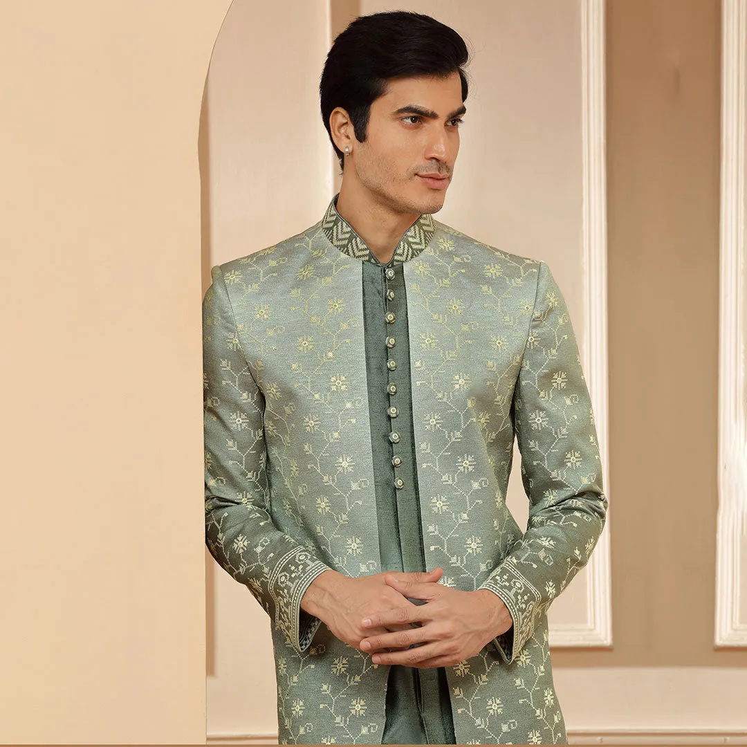 Olive Green Silk Indo Western With Printed Motifs Jacket