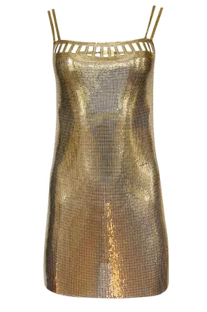 Original 1980s Paco Rabanne Oroton Gold Metal Mesh Backless Mini Dress