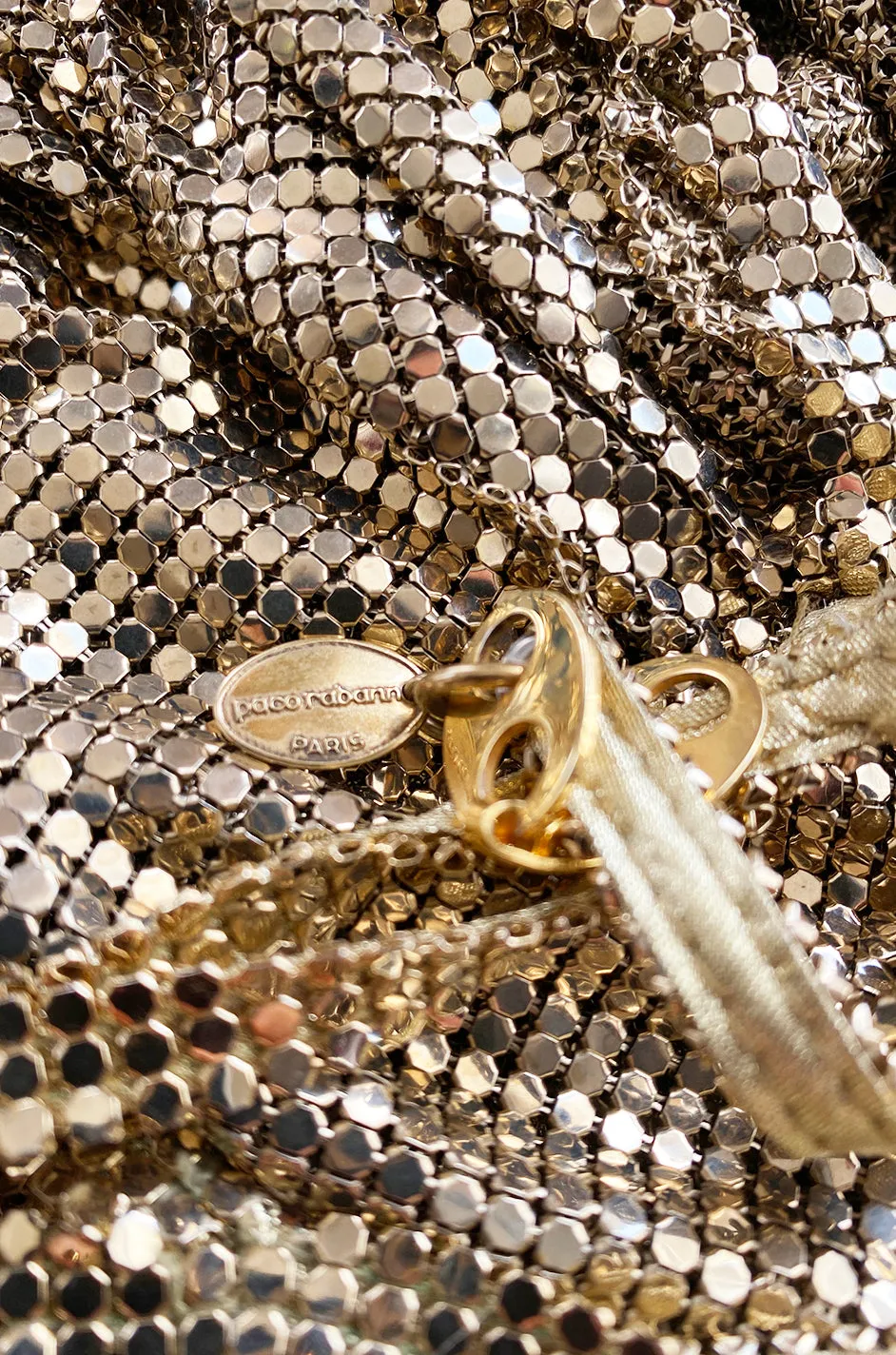 Original 1980s Paco Rabanne Oroton Gold Metal Mesh Backless Mini Dress