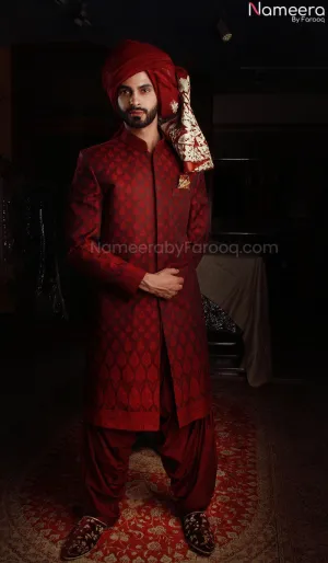 Pakistani Designer Groom Sherwani in Red Jamawar #GN07