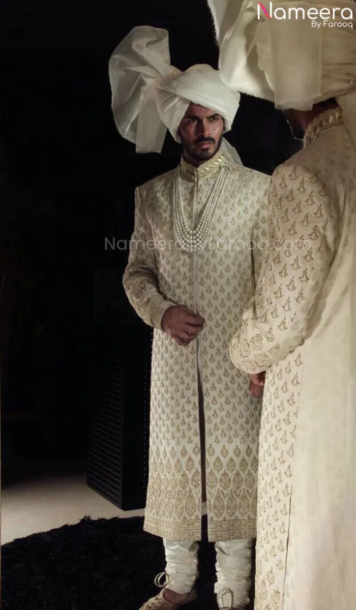 Pakistani Designer Jamawar White Sherwani for Men #GN05